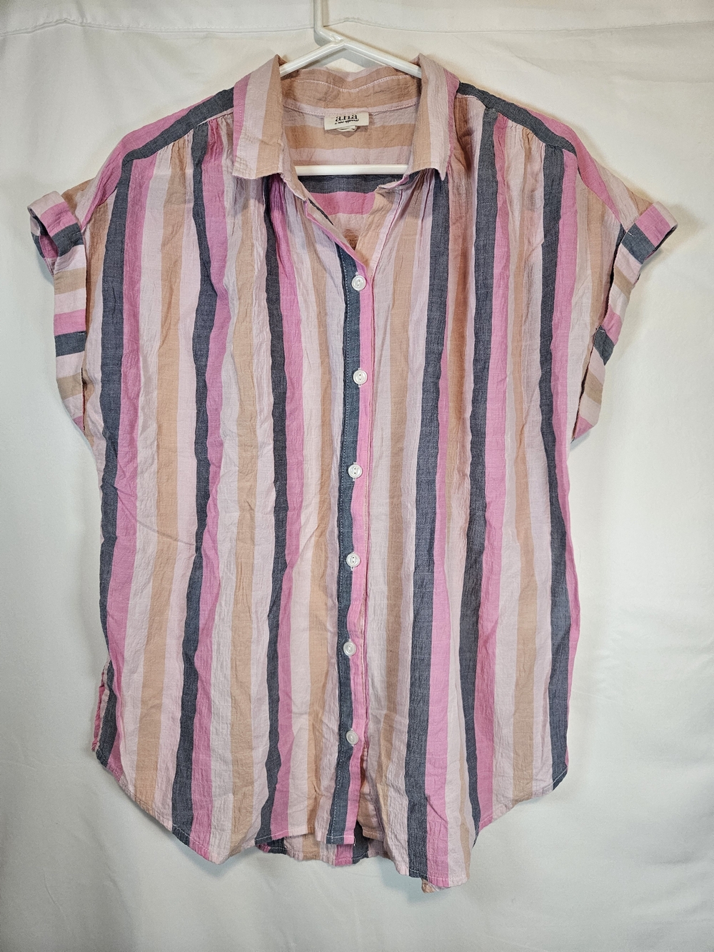 a.n.a Striped Cotton Button Down Top in Pink Large